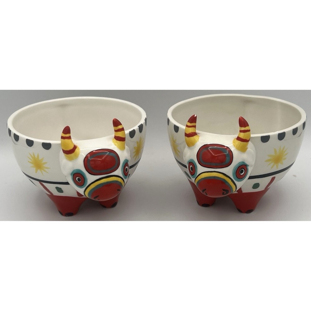 2 Buffalo Bull 2004‎ Soup Bowls The Cellar Set Multicolor HTF OOAK  *FLAW*